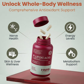 HMS Nutrition Acide Alpha Lipoïque R 300 mg arrière, vue arrière avec informations sur le produit