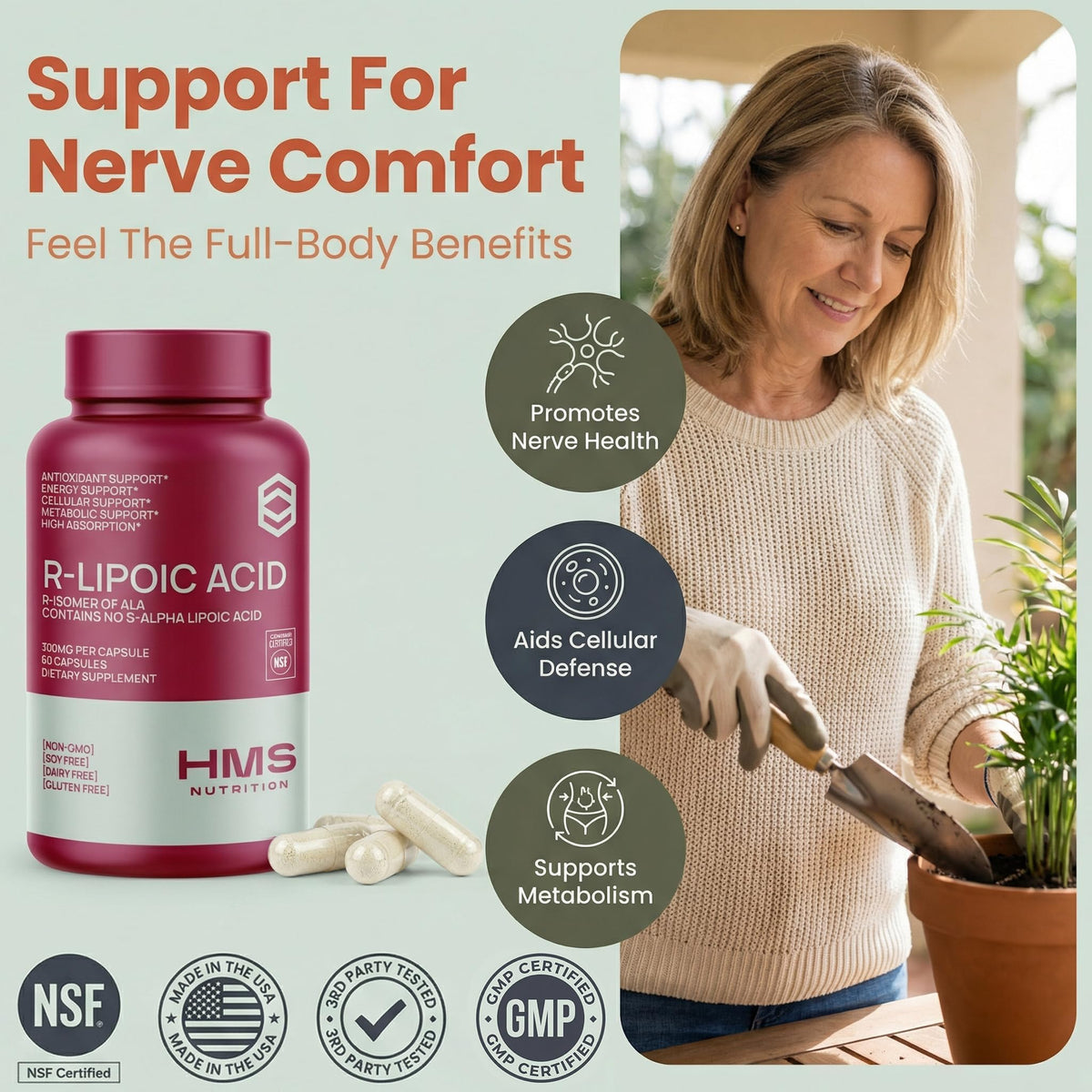 HMS Nutrition Acide Alpha Lipoïque R 300 mg côté, vue latérale du produit