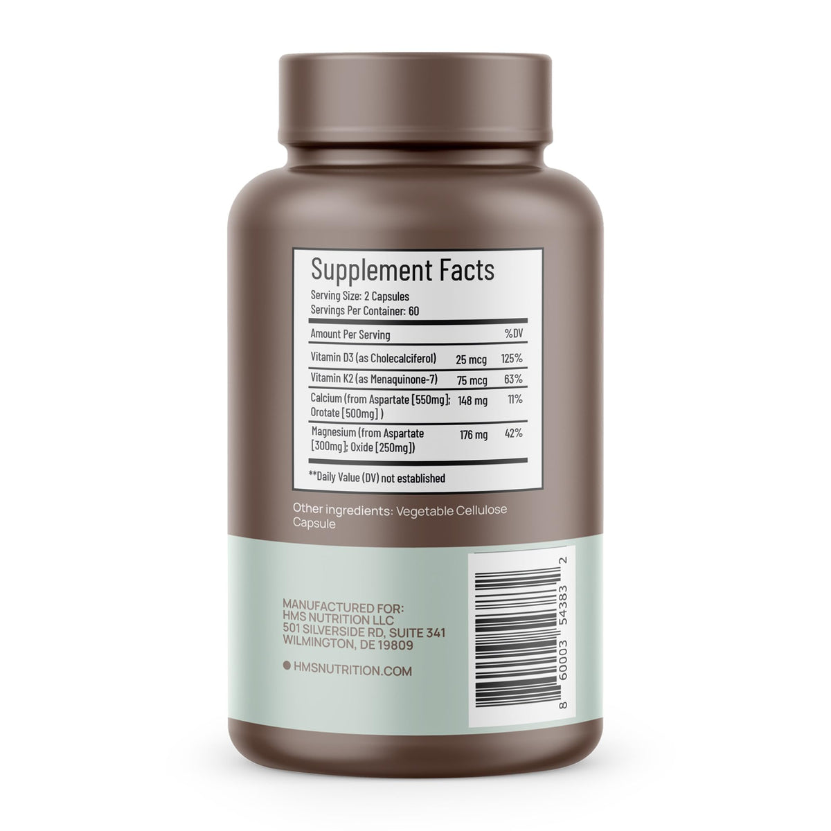 HMS Nutrition Calcium Magnésium D3 K2 120 Capsules - étiquette
