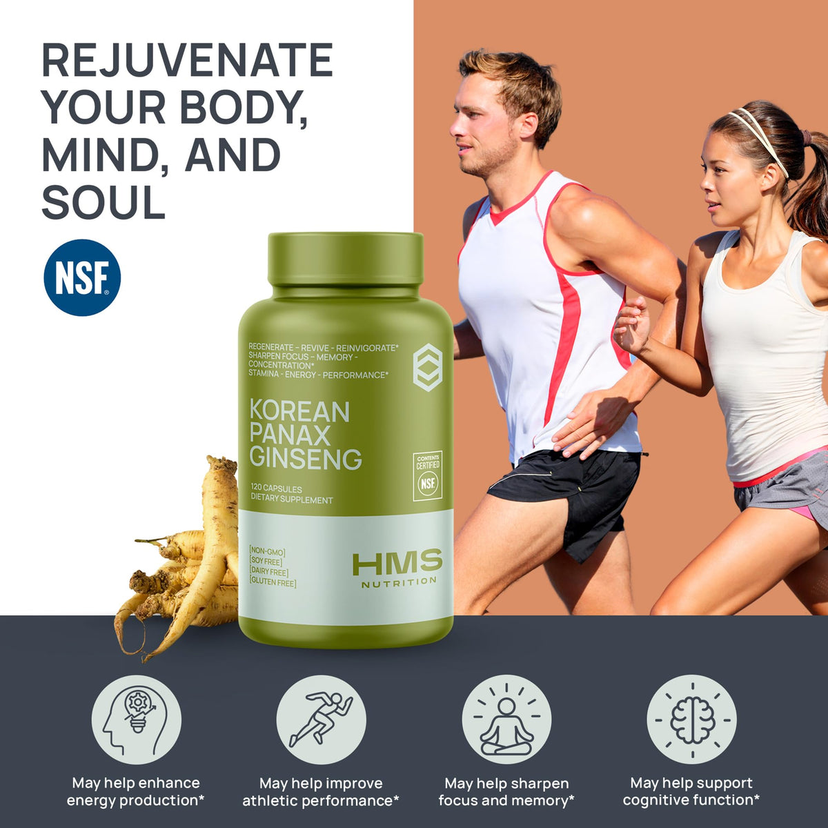 HMS Nutrition Ginseng Rouge Coréen 2000mg capsules végétales sur une surface blanche