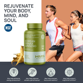 HMS Nutrition Ginseng Rouge Coréen 2000mg capsules végétales sur une surface blanche