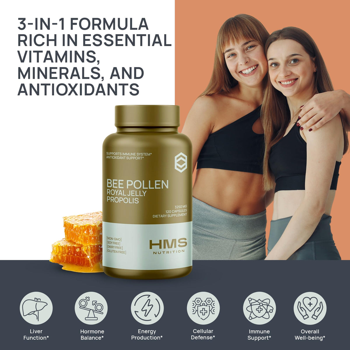 HMS Nutrition Pollen d'Abeille 3 250 mg capsules végétariennes en gros plan