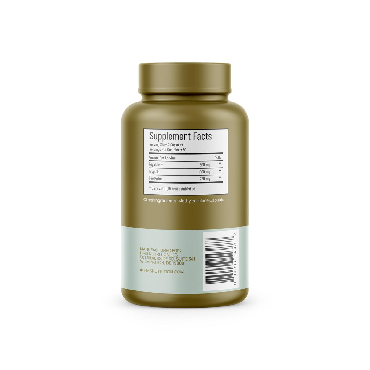 HMS Nutrition Pollen d'Abeille 3 250 mg capsules végétariennes sur une surface blanche