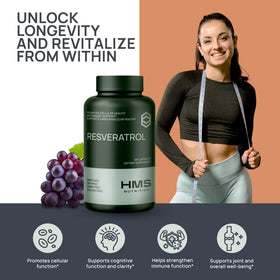 HMS Nutrition Resvératrol 1400 mg avec un fond de feuilles vertes