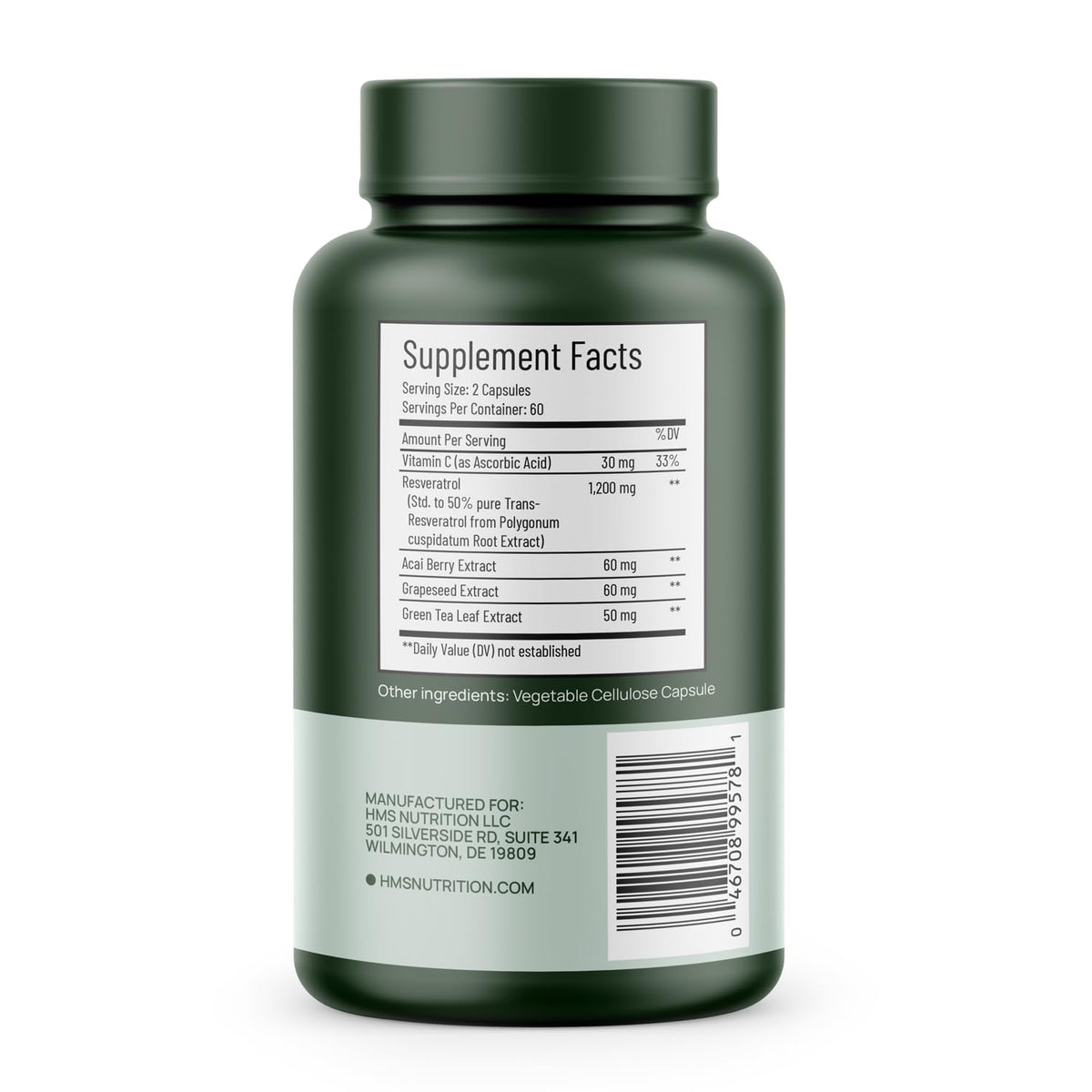 HMS Nutrition Resvératrol 1400 mg gélules végétales sur fond blanc