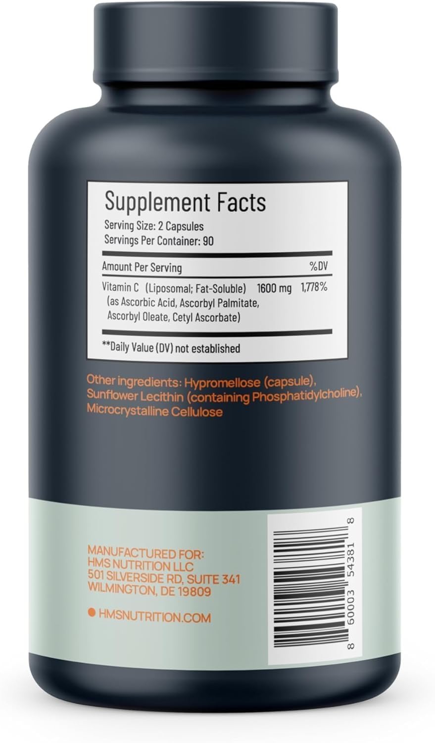 HMS Nutrition Vitamine C Liposomale 1600 mg bottle with dosage information