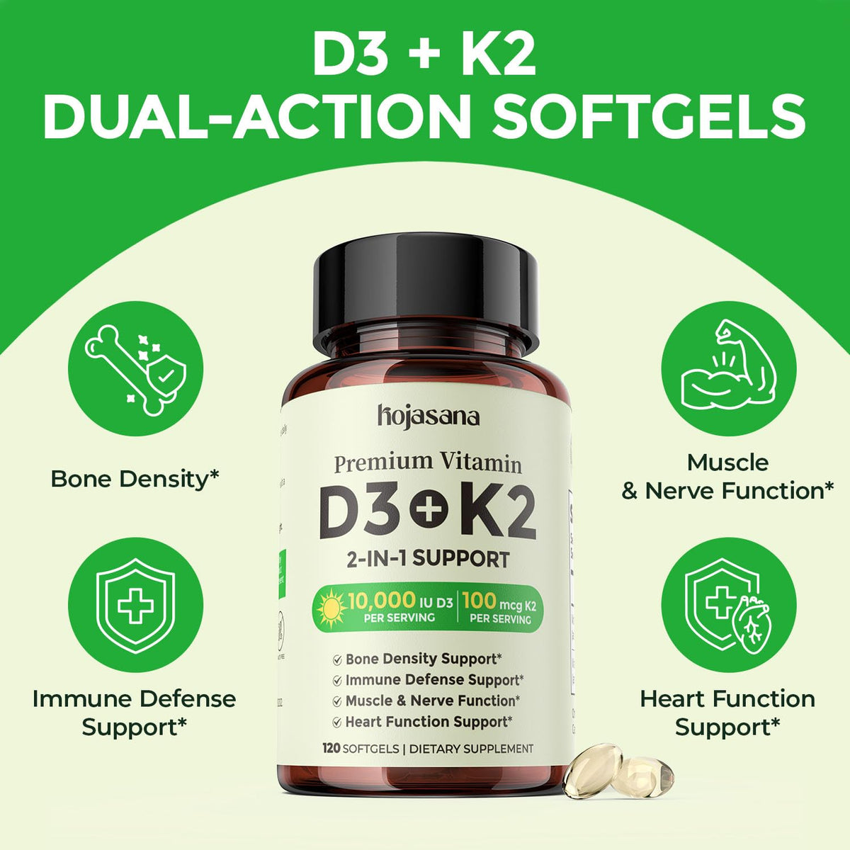 HojaSana Vitamine D3 K2 10000UI 100mcg MK-7 capsules en gros plan