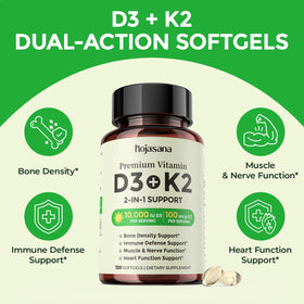 HojaSana Vitamine D3 K2 10000UI 100mcg MK-7 capsules en gros plan