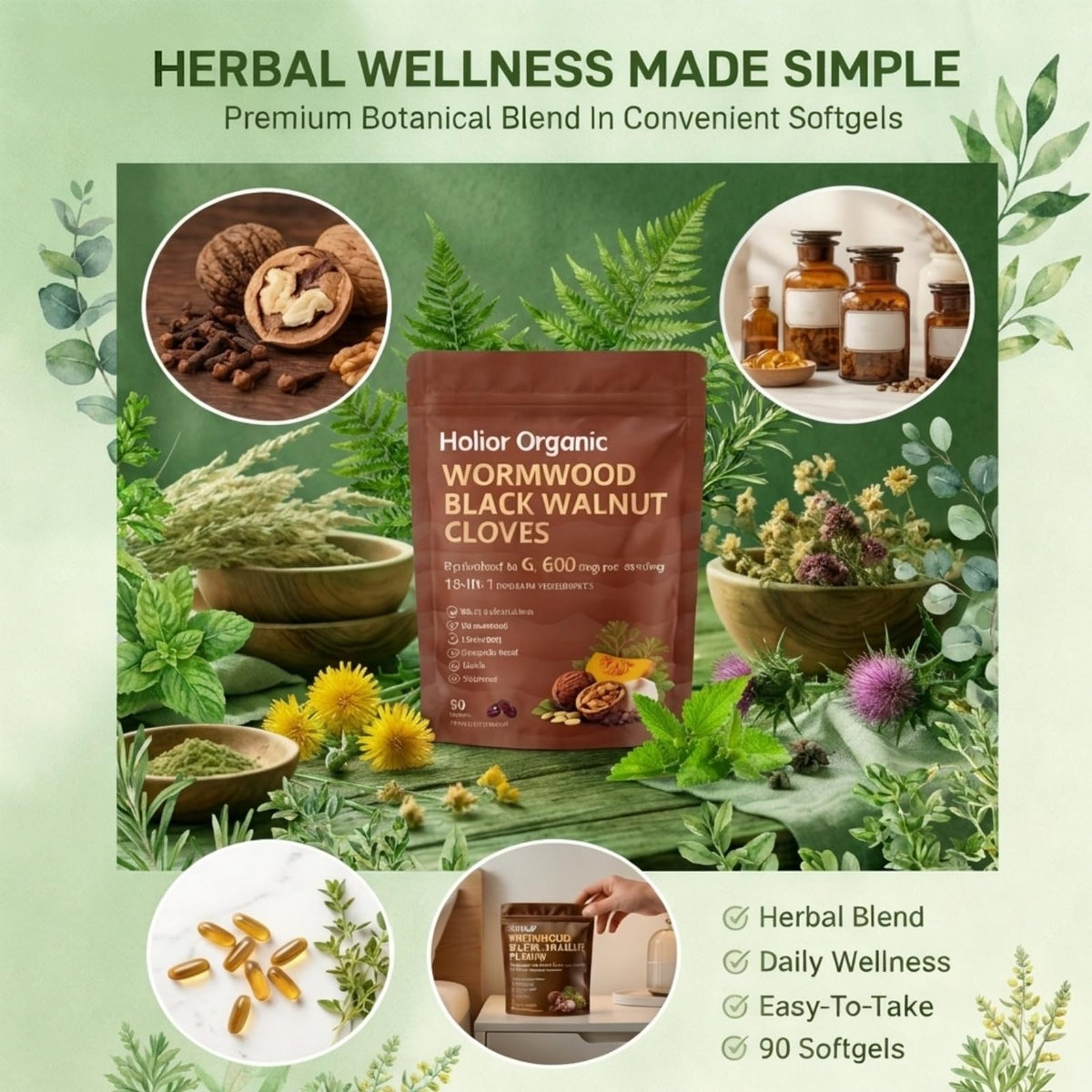 Holior Organic 18-en-1 avec des ingrédients naturels en arrière-plan