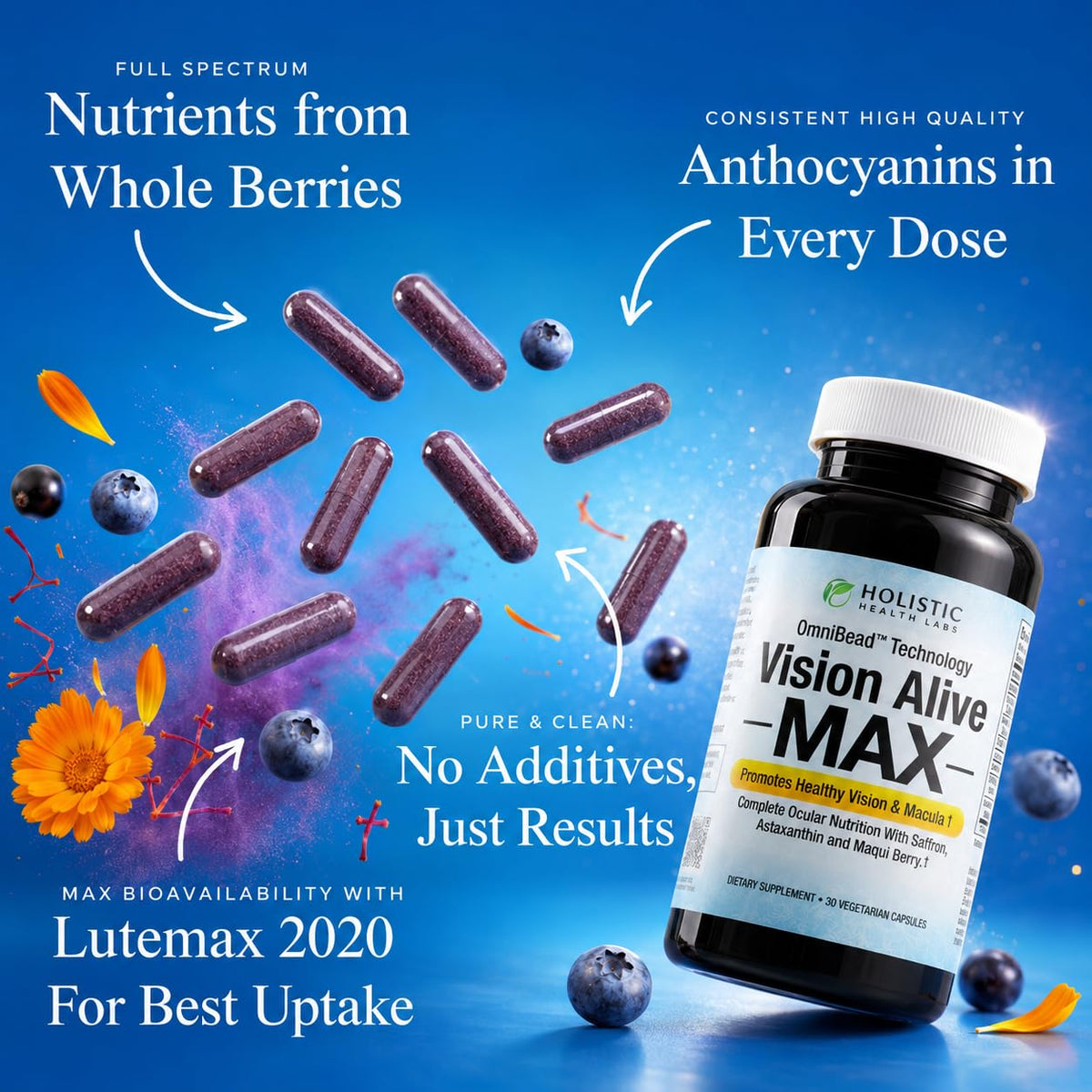 Holistic Health Labs Vision Alive Max 50g capsules sur une surface blanche