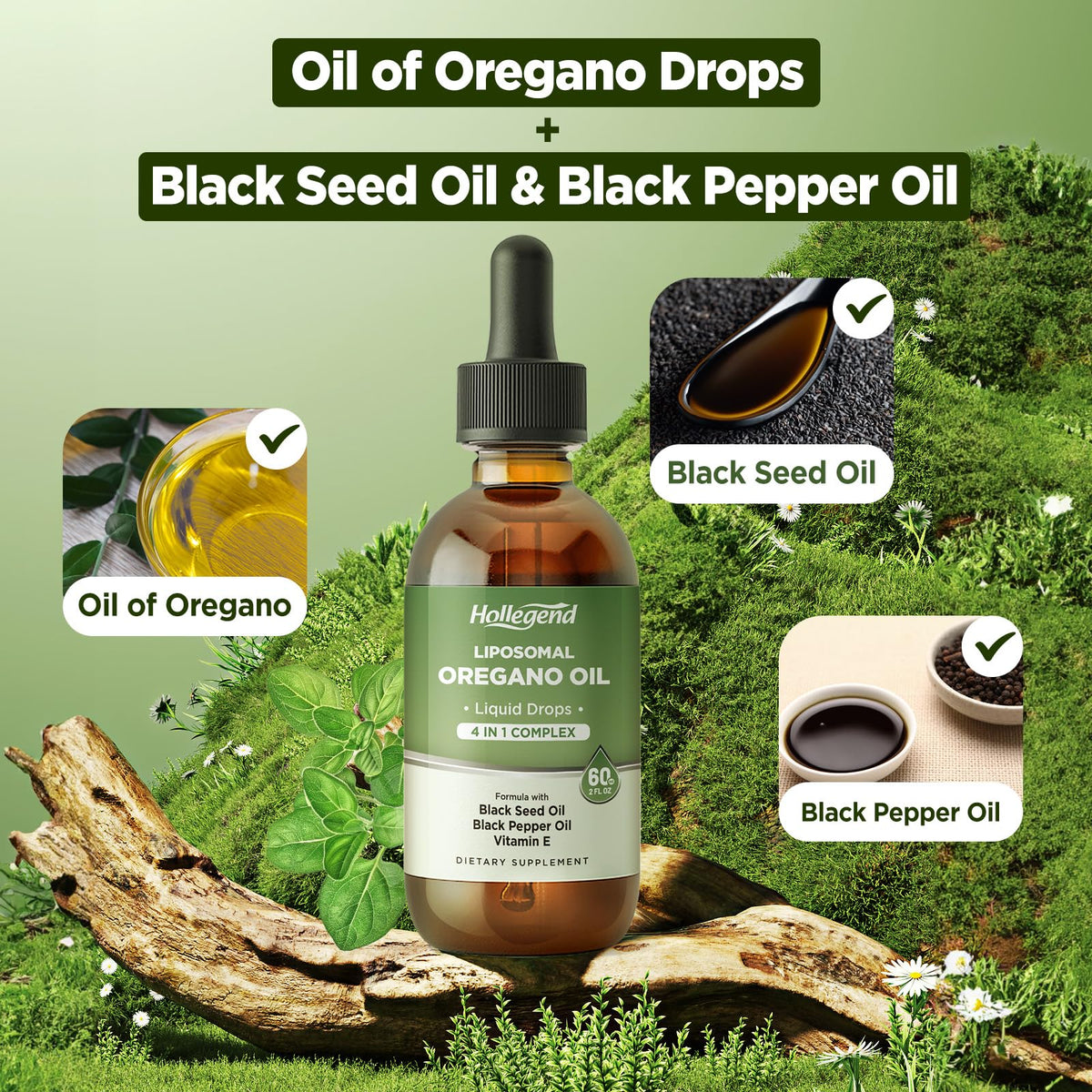 HOLLEGEND huile d'origan liposomale 60ML flacon avec goutte à goutte