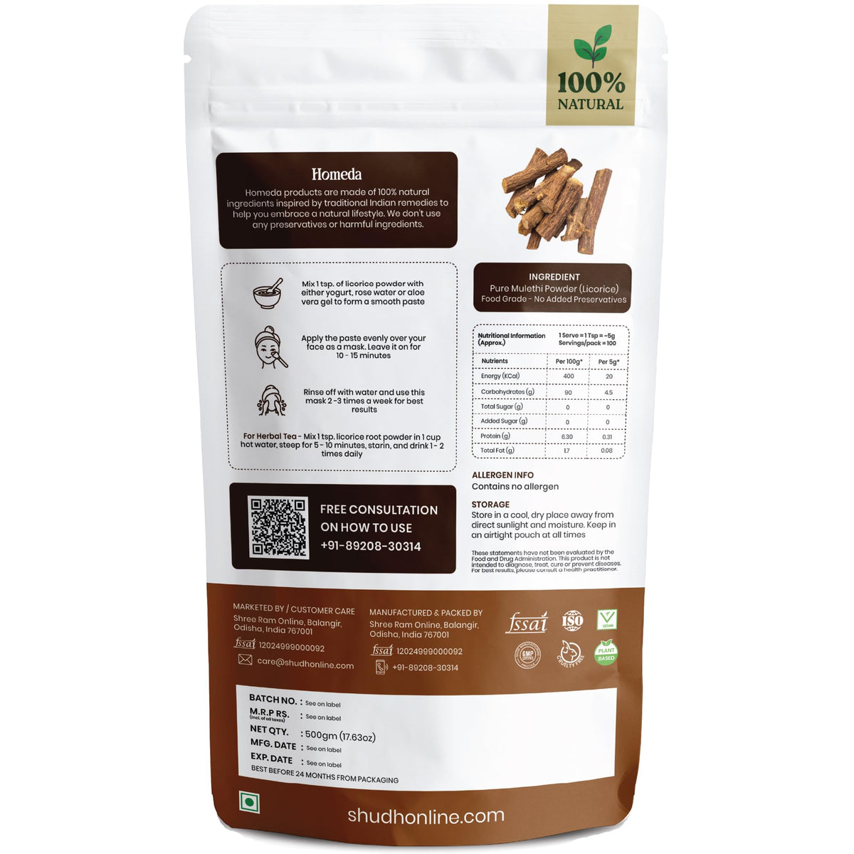 Homeda Poudre de Racine de Réglisse Bio 500g sur une table en bois