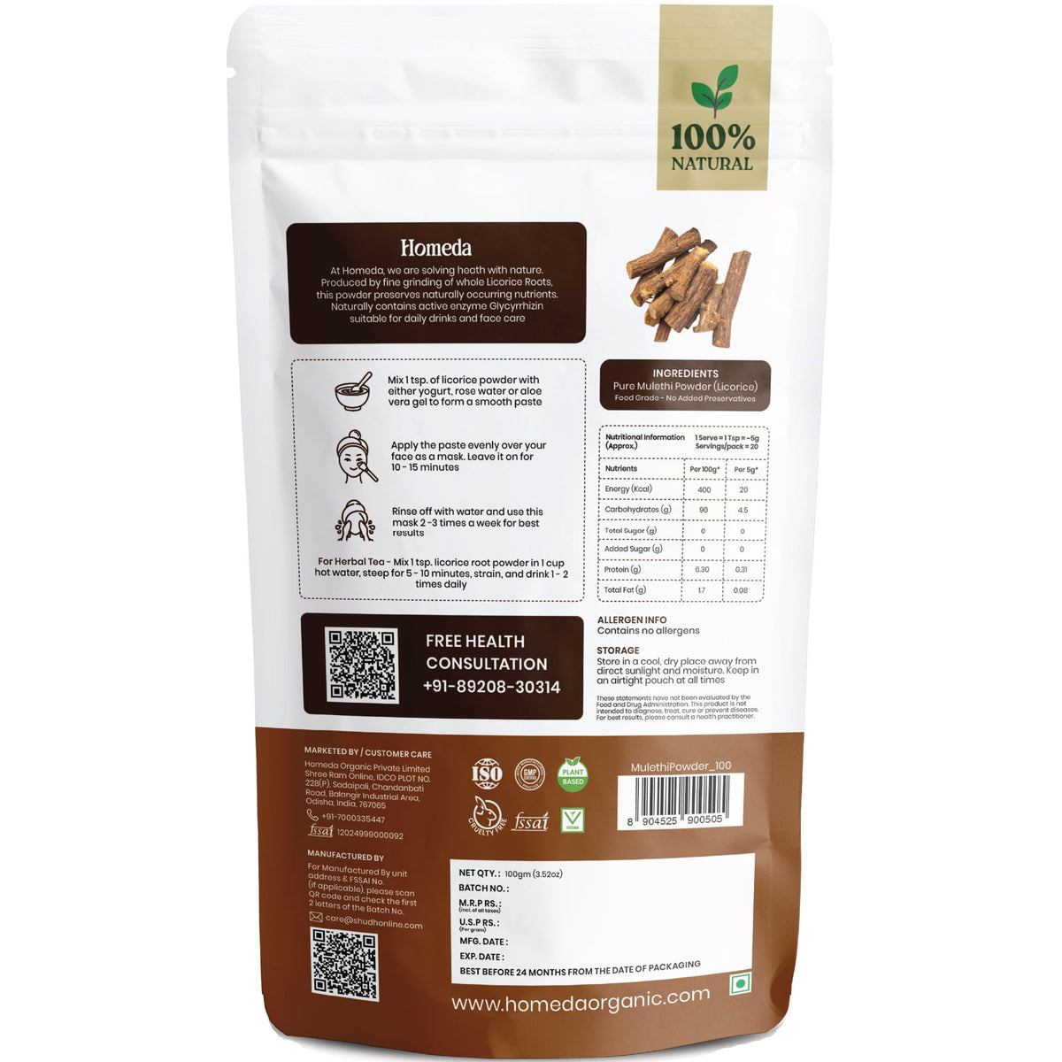 Homeda Poudre de Réglisse Biologique 100g avec masque facial préparé