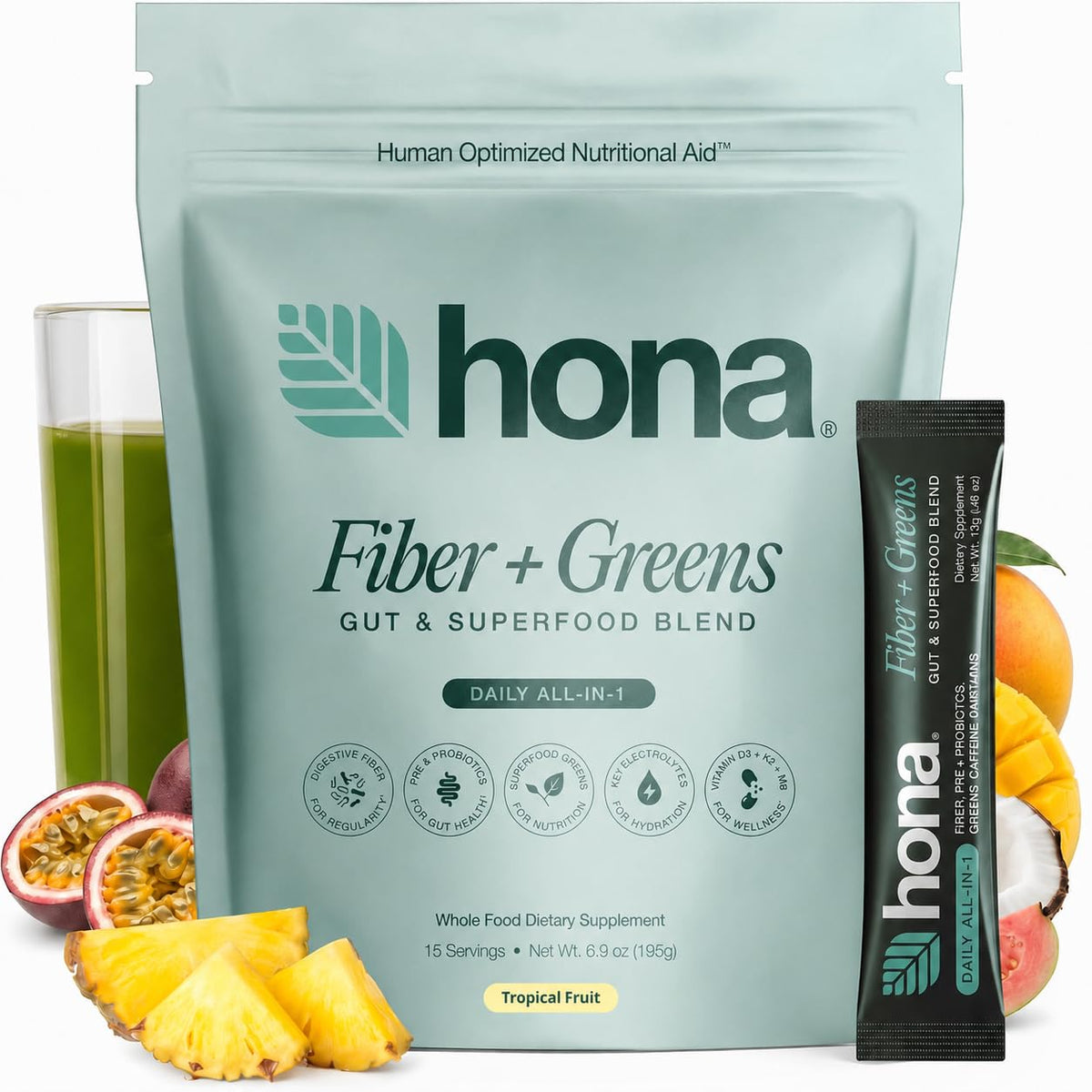 Hona Fiber + Greens poudre de super-aliments 200g vue de face