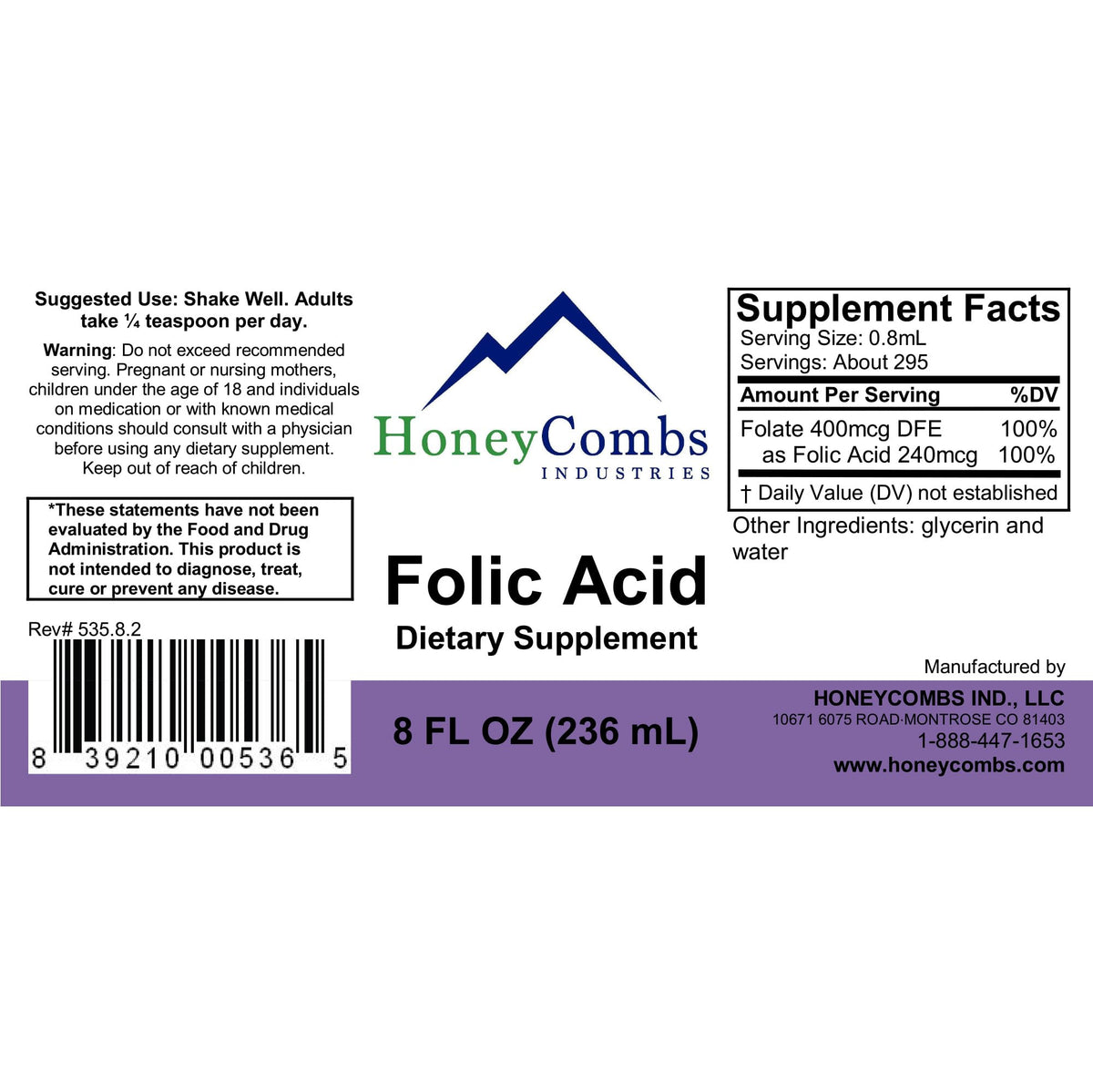 HoneyCombs B9 Folate Liquide 8 Fl oz gouttes sur une cuillère