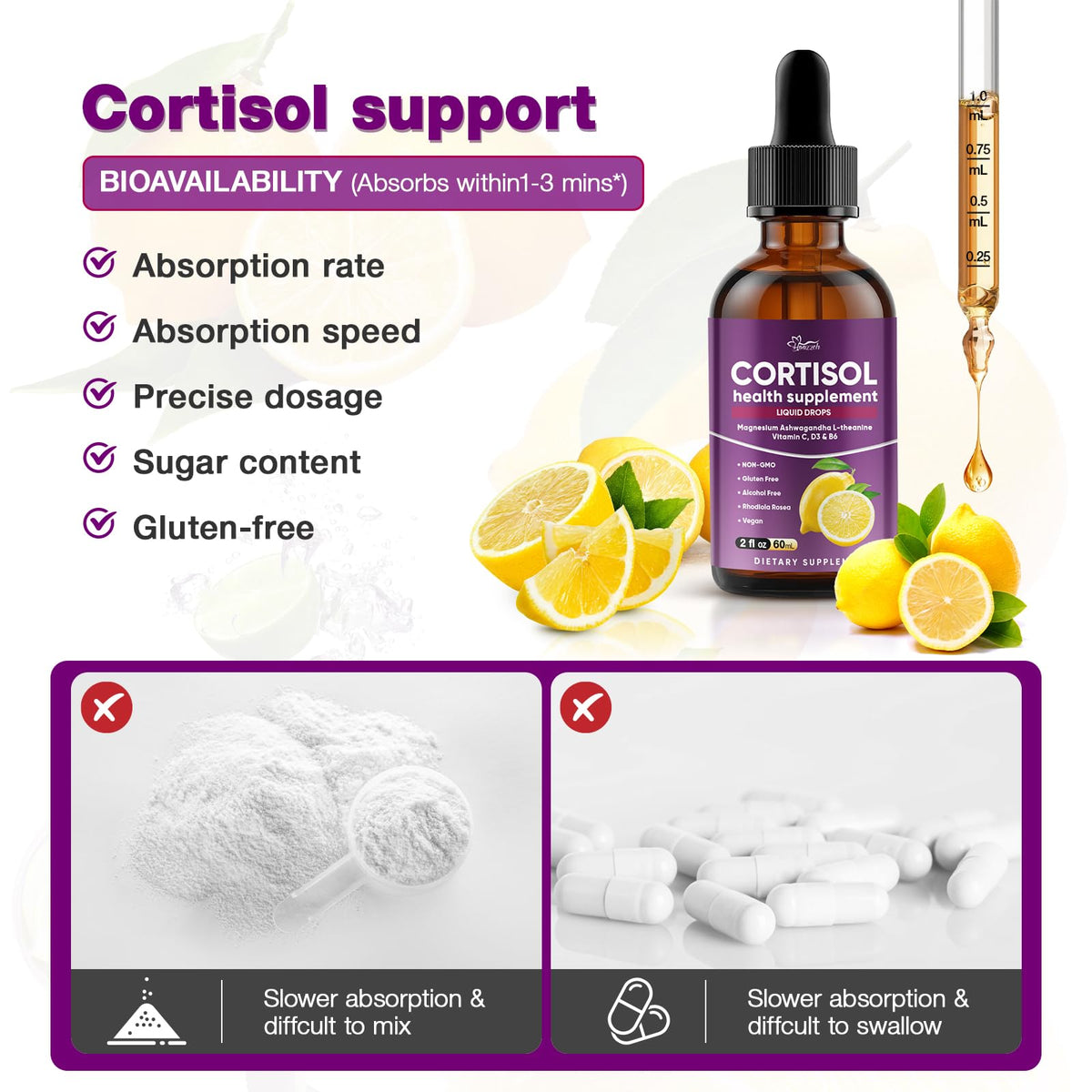 Hoozzch Compléments Alimentaires Cortisol 60 mL - Saveur citron frais