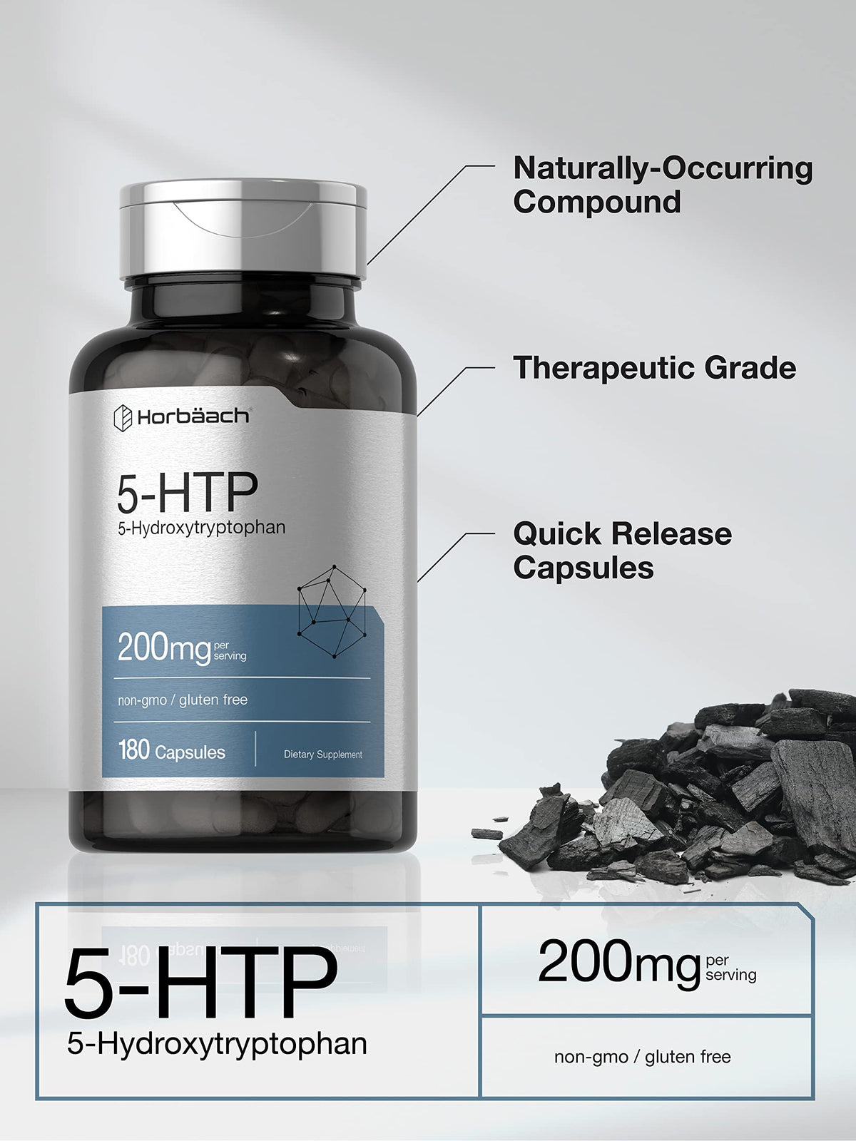 Horbäach 5HTP 200mg Capsules ouvertes montrant la taille
