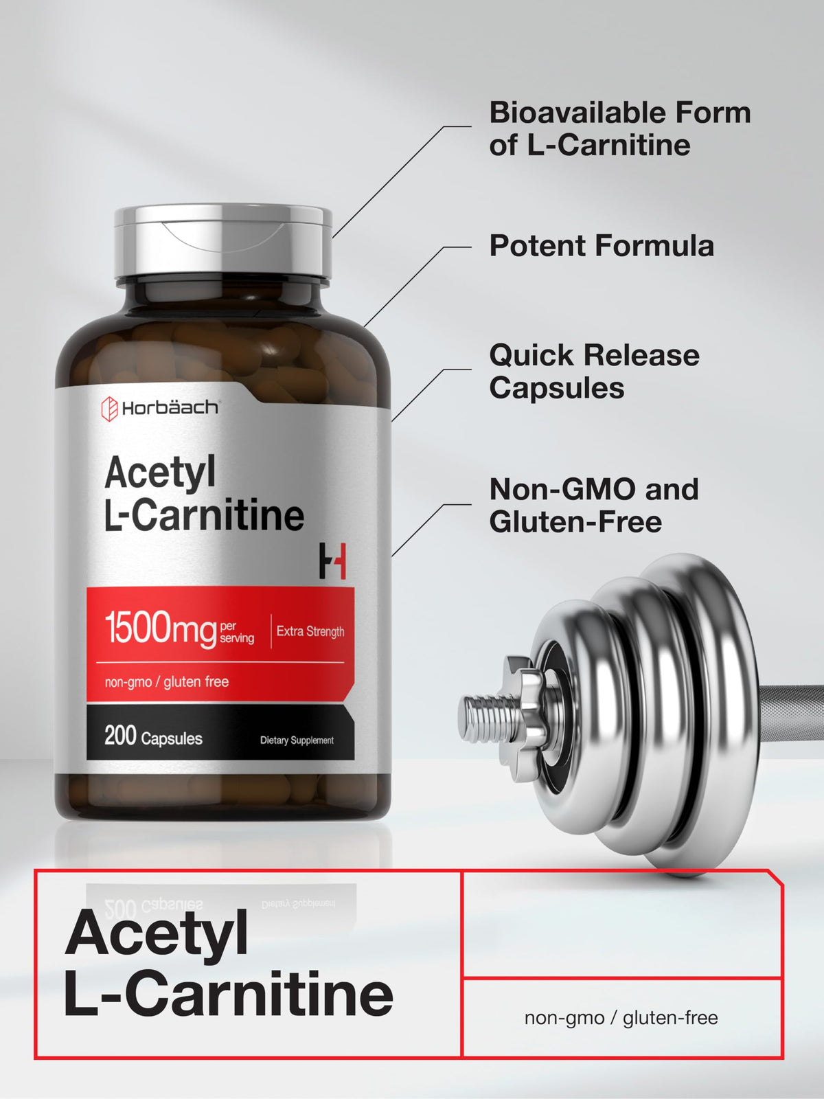Horbäach Acétyl L-Carnitine 1500mg 200 capsules étiquette des ingrédients