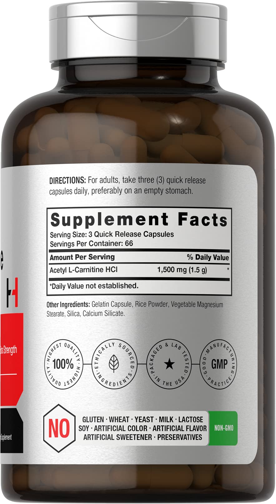 Horbäach Acétyl L-Carnitine 1500mg 200 capsules vue arrière