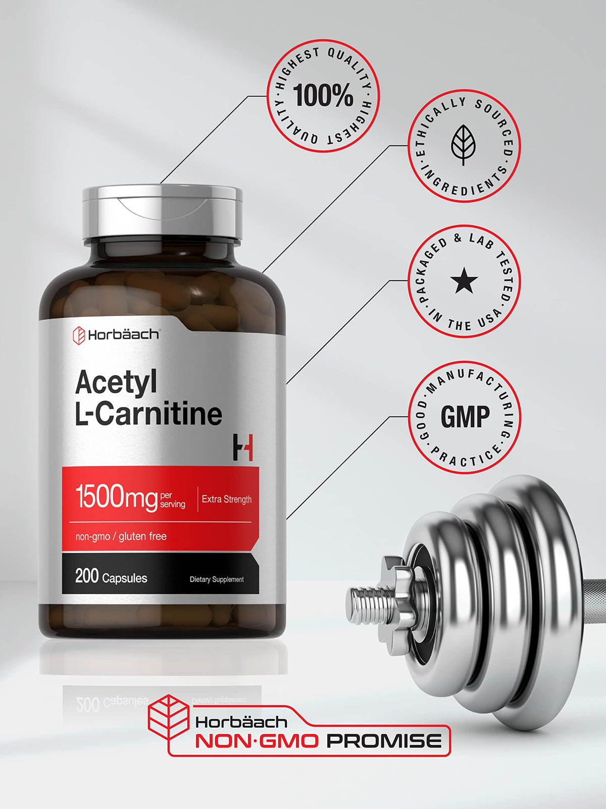 Horbäach Acétyl L-Carnitine 1500mg bouteille sur fond blanc