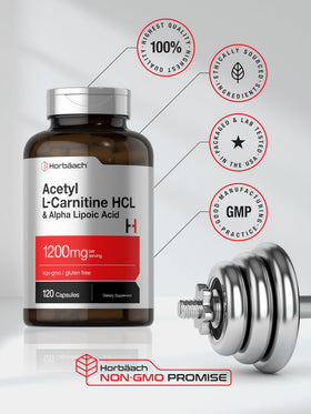 Horbäach Acetyl L-Carnitine HCL 1200 mg avec des ingrédients naturels en arrière-plan
