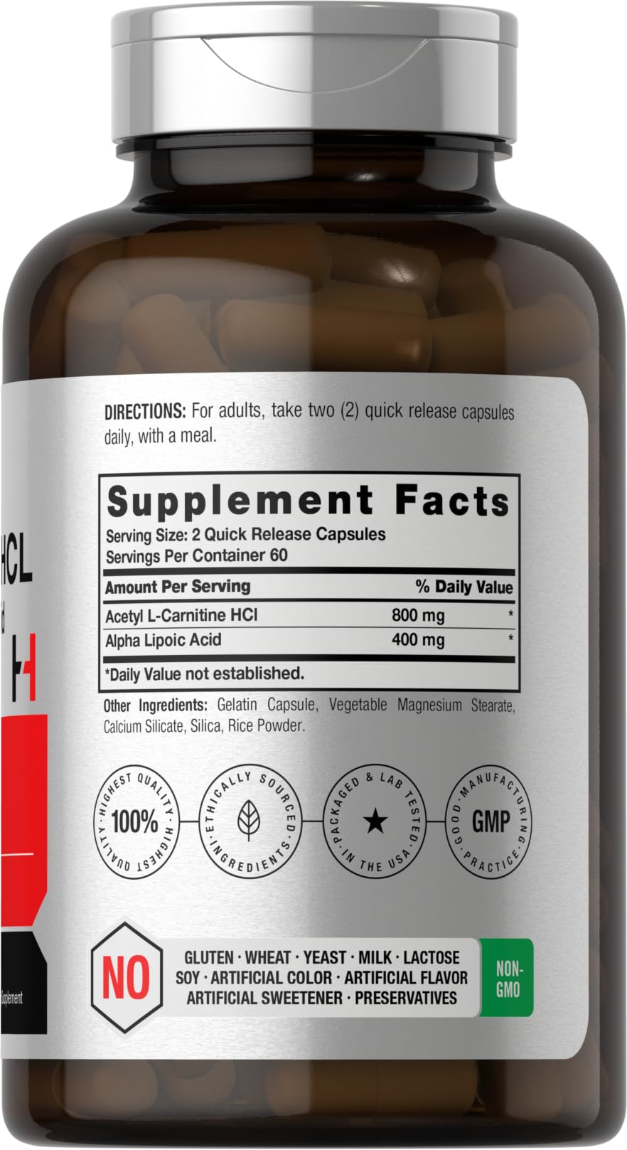 Horbäach Acetyl L-Carnitine HCL 1200 mg étiquette détaillée