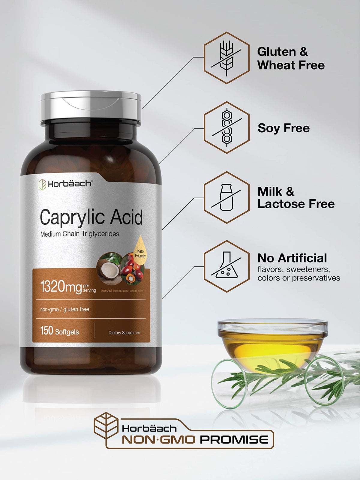 Horbäach Acide Caprylique 1320mg 150 Capsules Molles côté droit