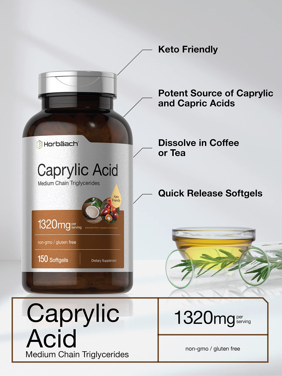 Horbäach Acide Caprylique 1320mg capsules molles sur fond blanc