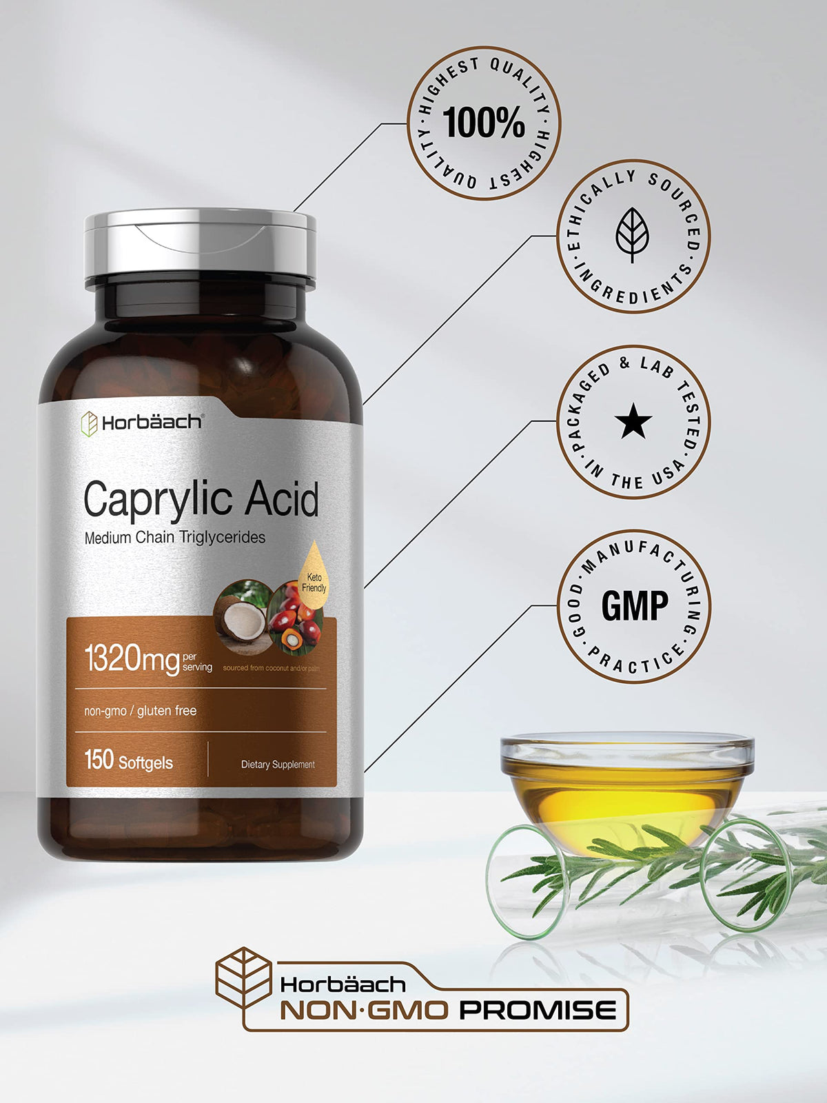 Horbäach Acide Caprylique capsules molles avec bouteille ouverte