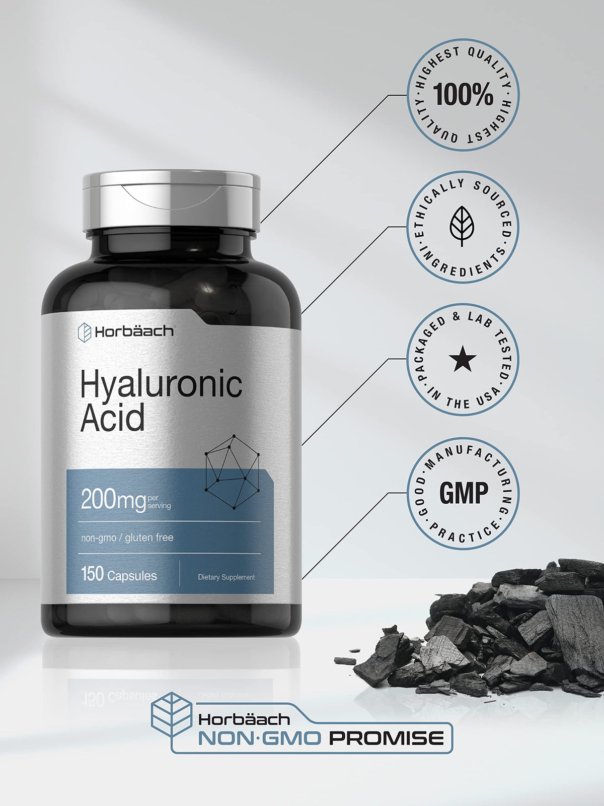 Horbäach Acide Hyaluronique 200 mg 150 Capsules en main