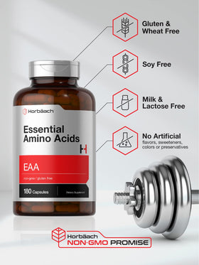 Horbäach Acides Aminés Essentiels capsules à côté d'un verre d'eau