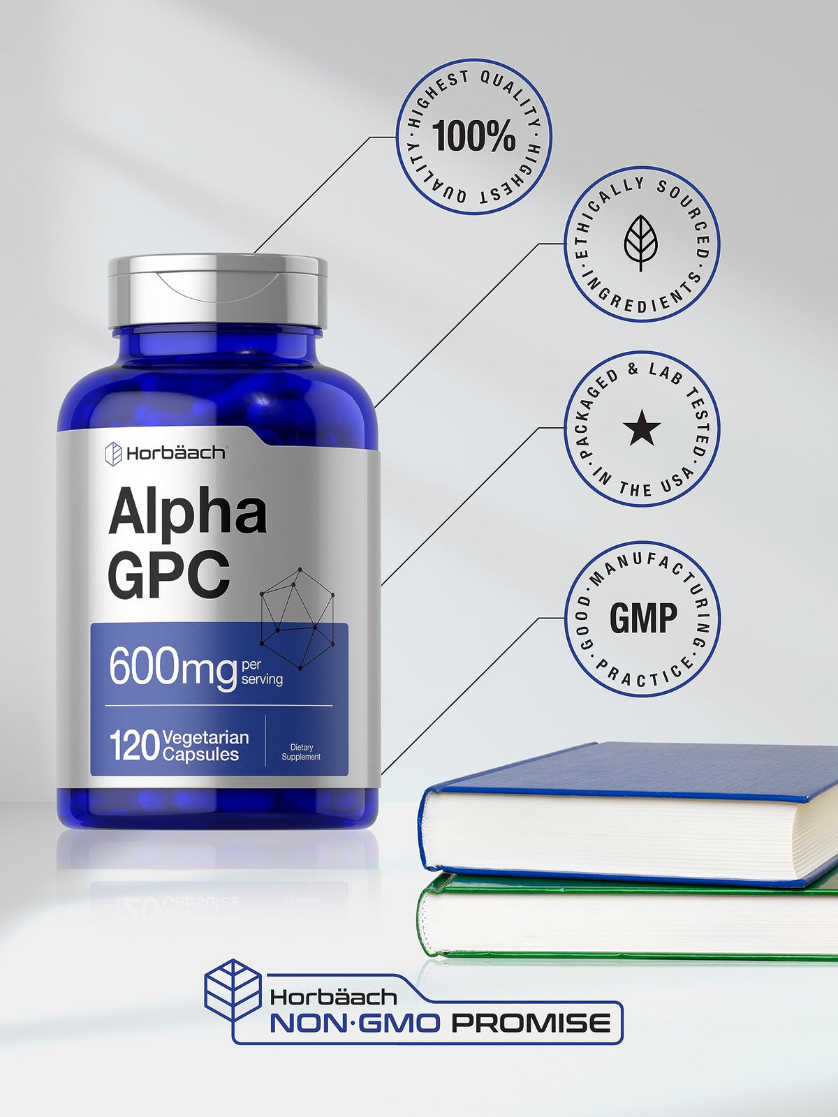 Horbäach Alpha GPC 600mg capsules à côté d'un verre d'eau