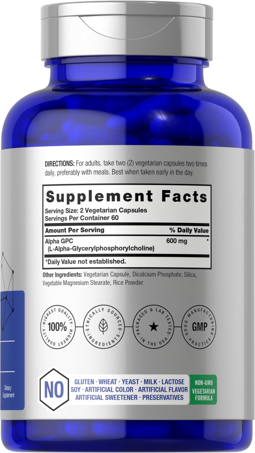 Horbäach Alpha GPC 600mg capsules avec étiquette détaillant les ingrédients