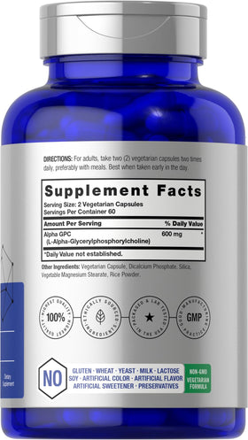 Horbäach Alpha GPC 600mg capsules avec étiquette détaillant les ingrédients