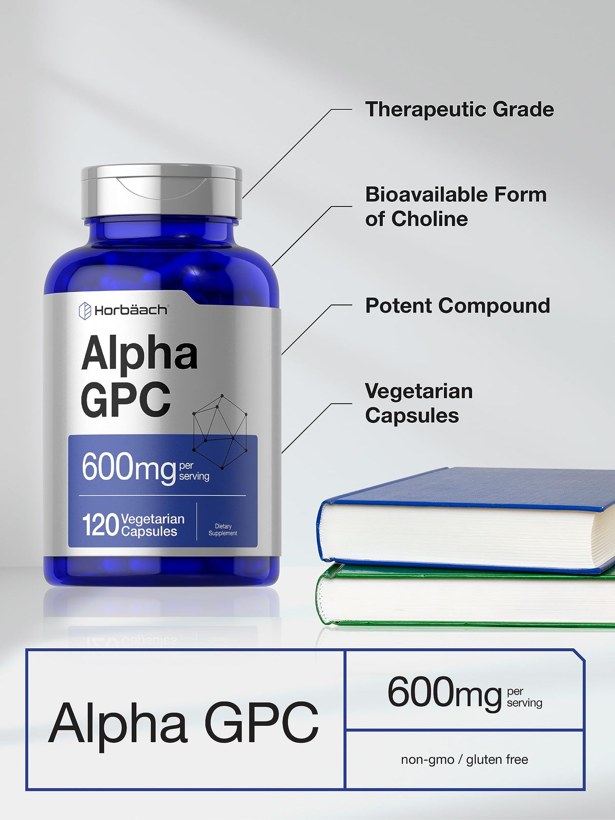 Horbäach Alpha GPC 600mg capsules sur fond blanc