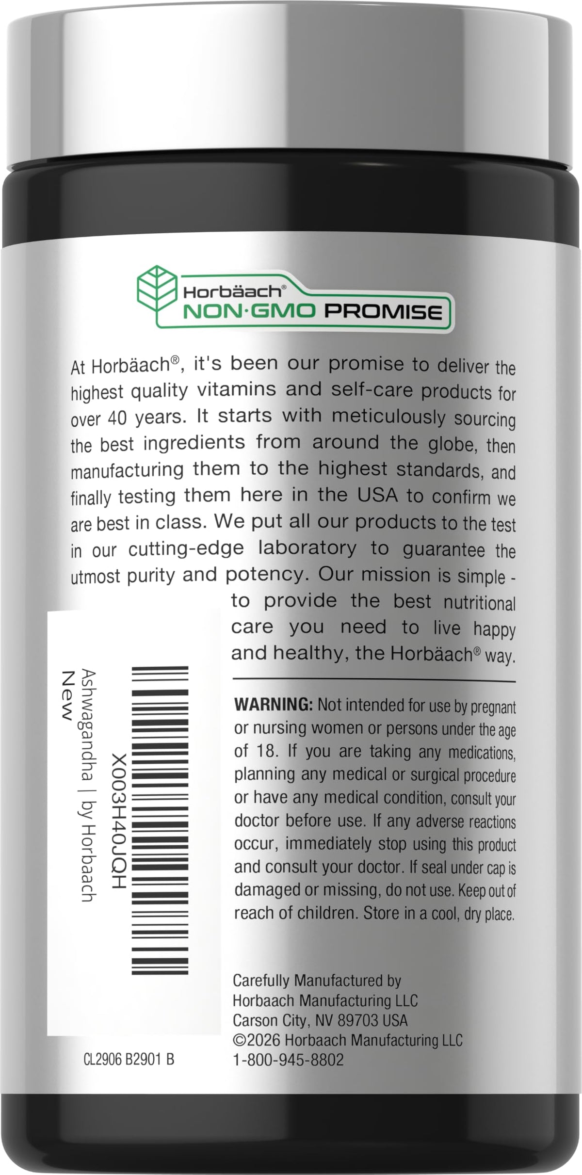 Horbäach Ashwagandha 180 capsules sur un fond neutre