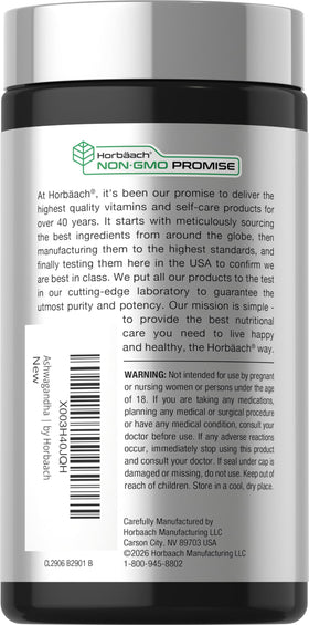 Horbäach Ashwagandha 180 capsules sur un fond neutre