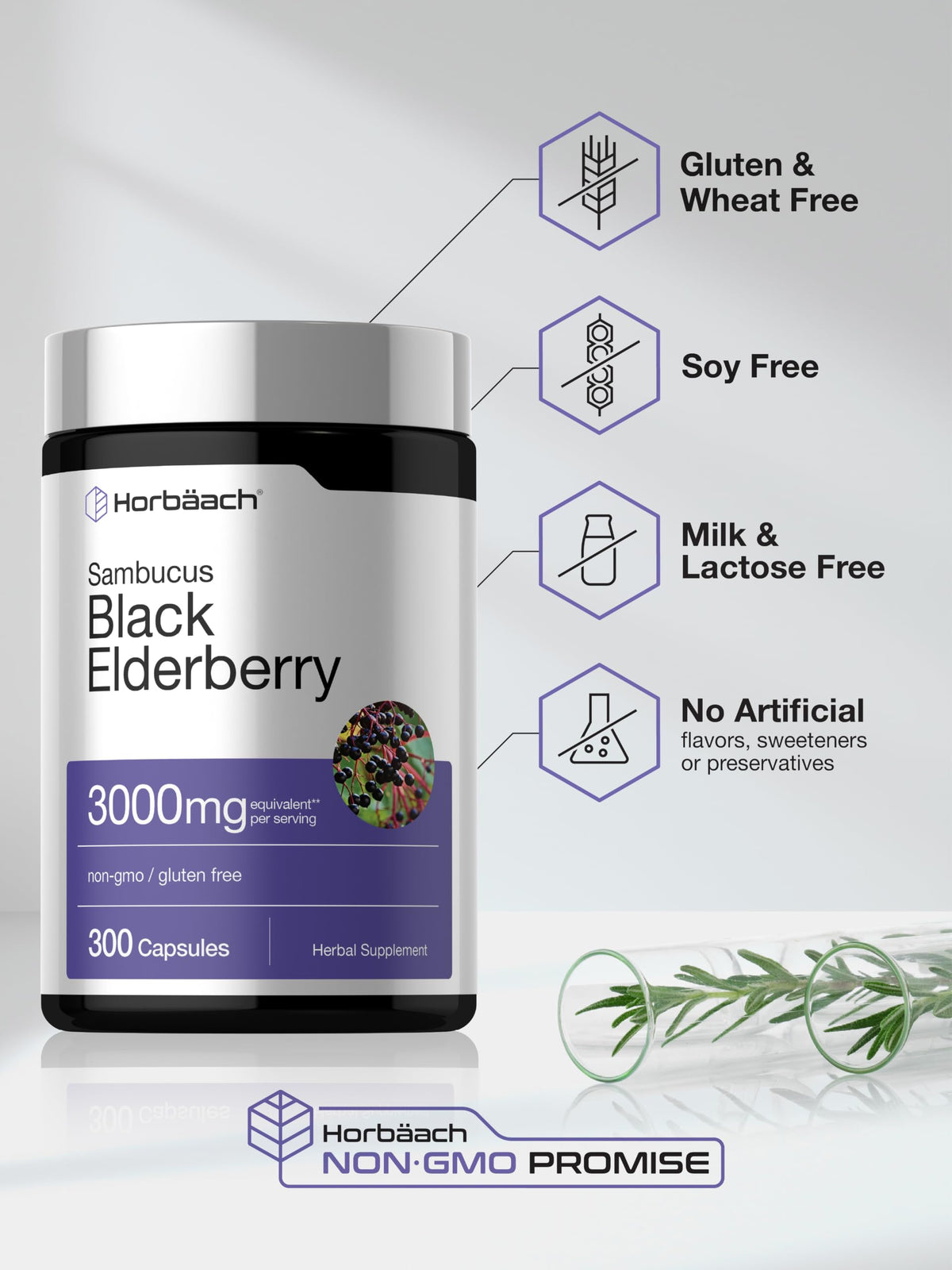 Horbäach Baies de Sureau Noires 300 Capsules avec une main tenant le flacon