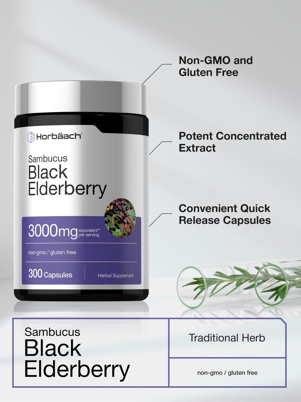 Horbäach Baies de Sureau Noires 300 Capsules sur fond blanc