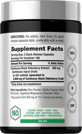 Horbäach Baies de Sureau Noires 300 Capsules vue arrière avec liste d'ingrédients