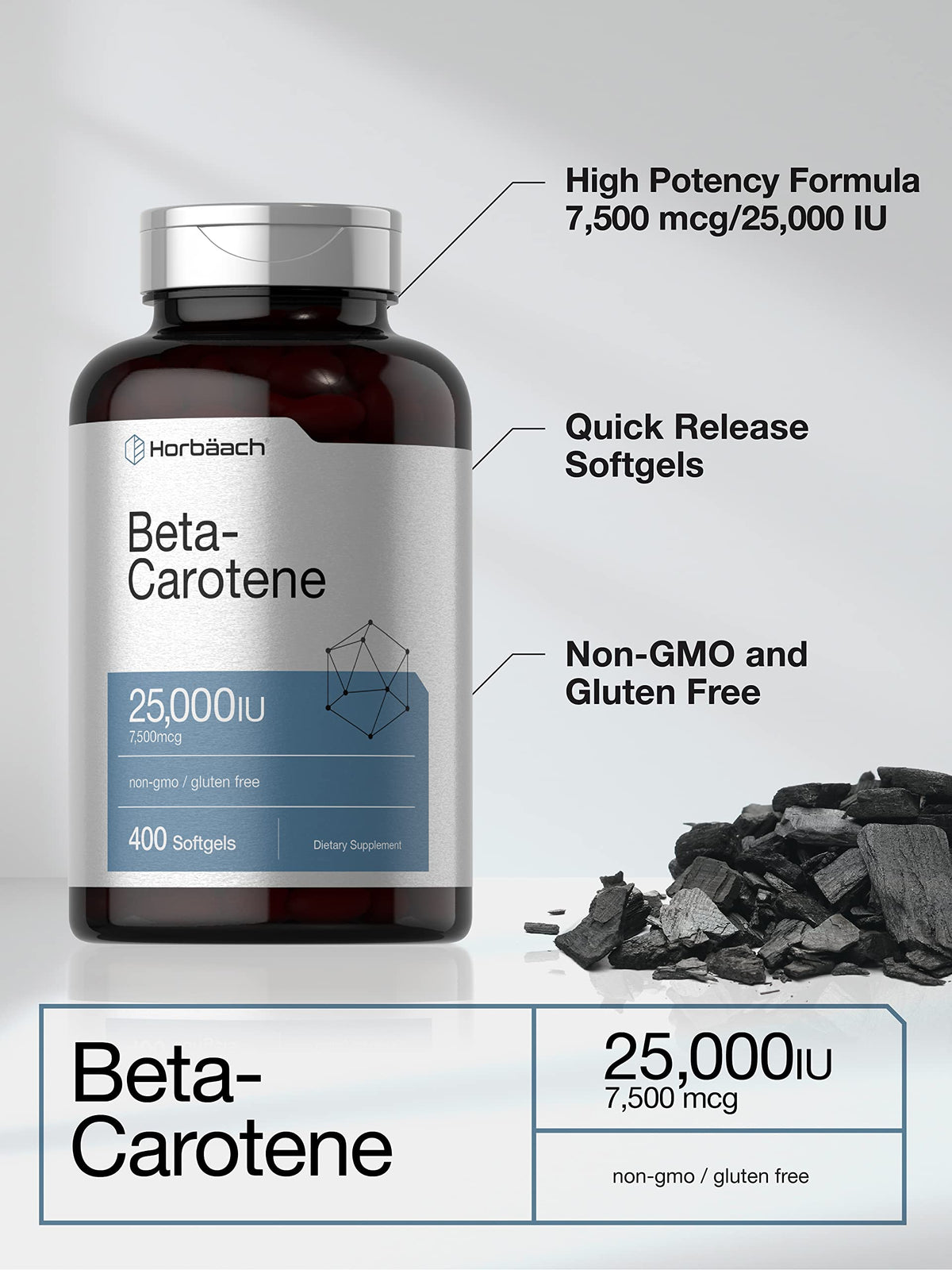 Horbäach Beta Carotène 25000 UI gélules sur une table