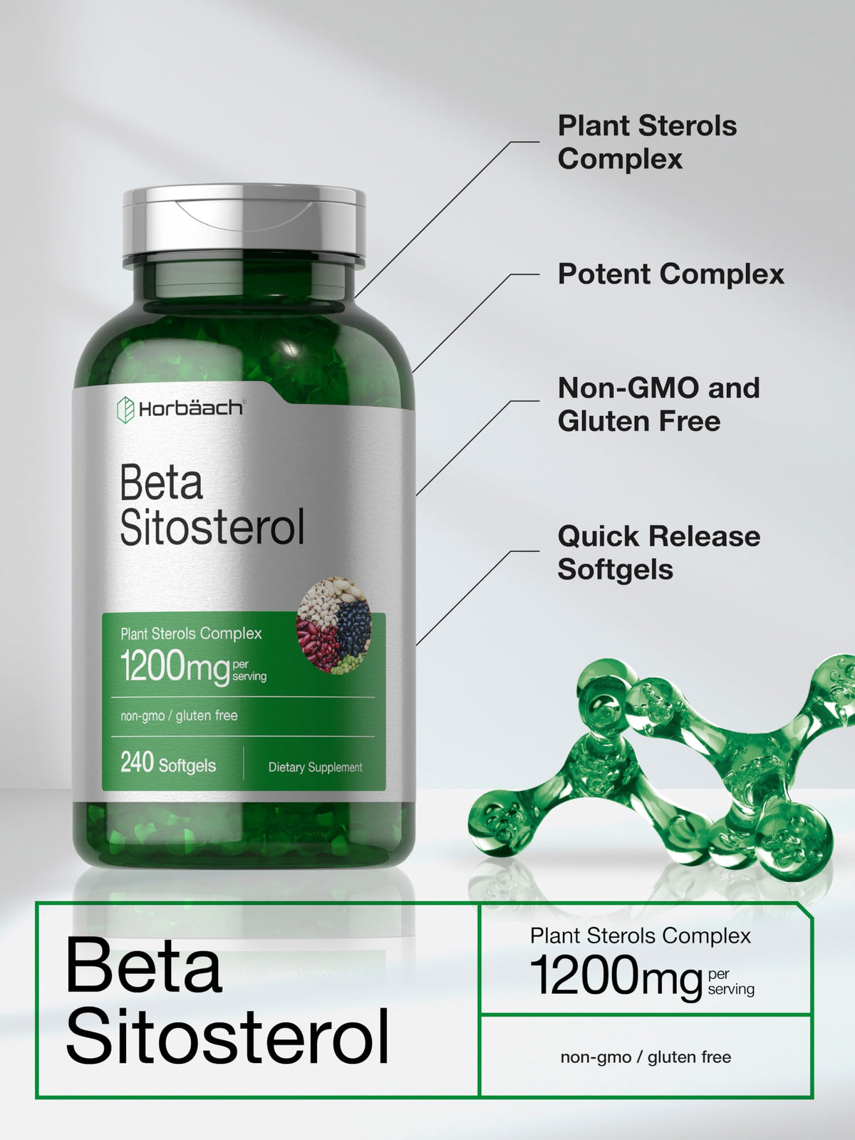 Horbäach Beta Sitosterol capsules on a wooden background