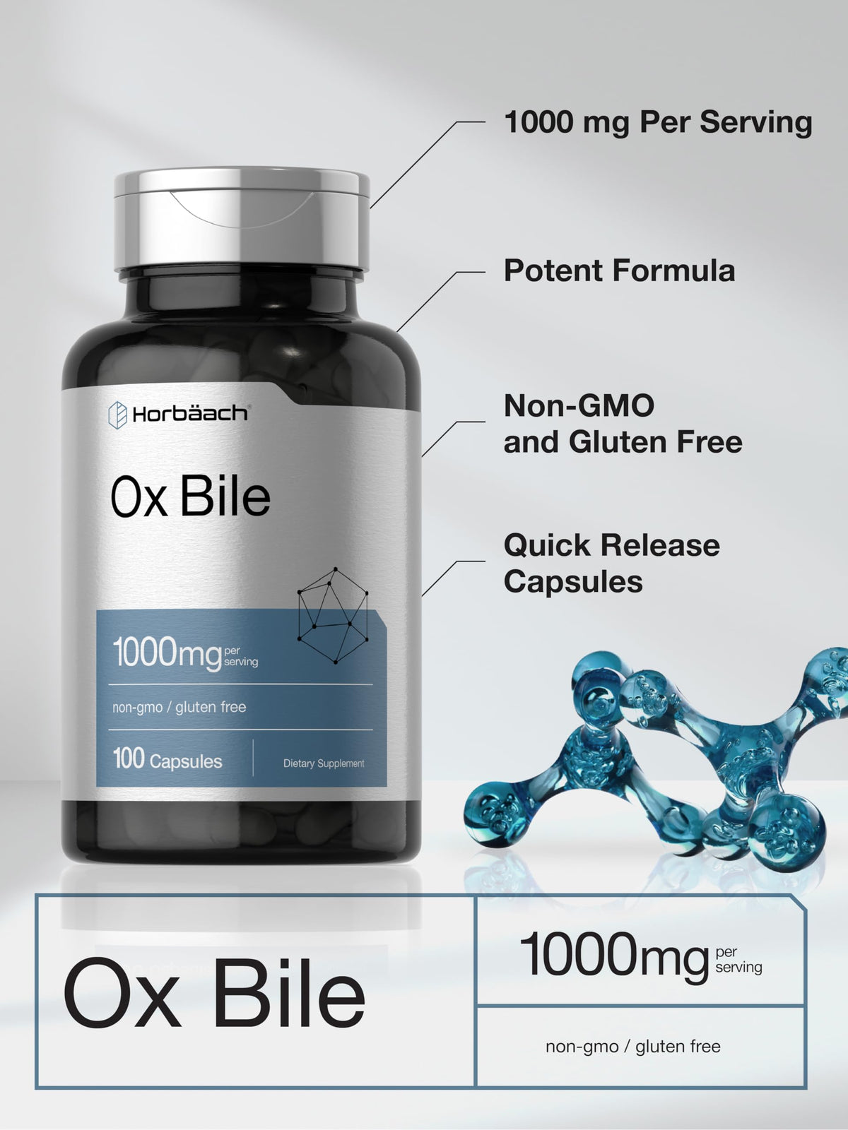 Horbäach bile de bœuf 1000mg capsules en gros plan