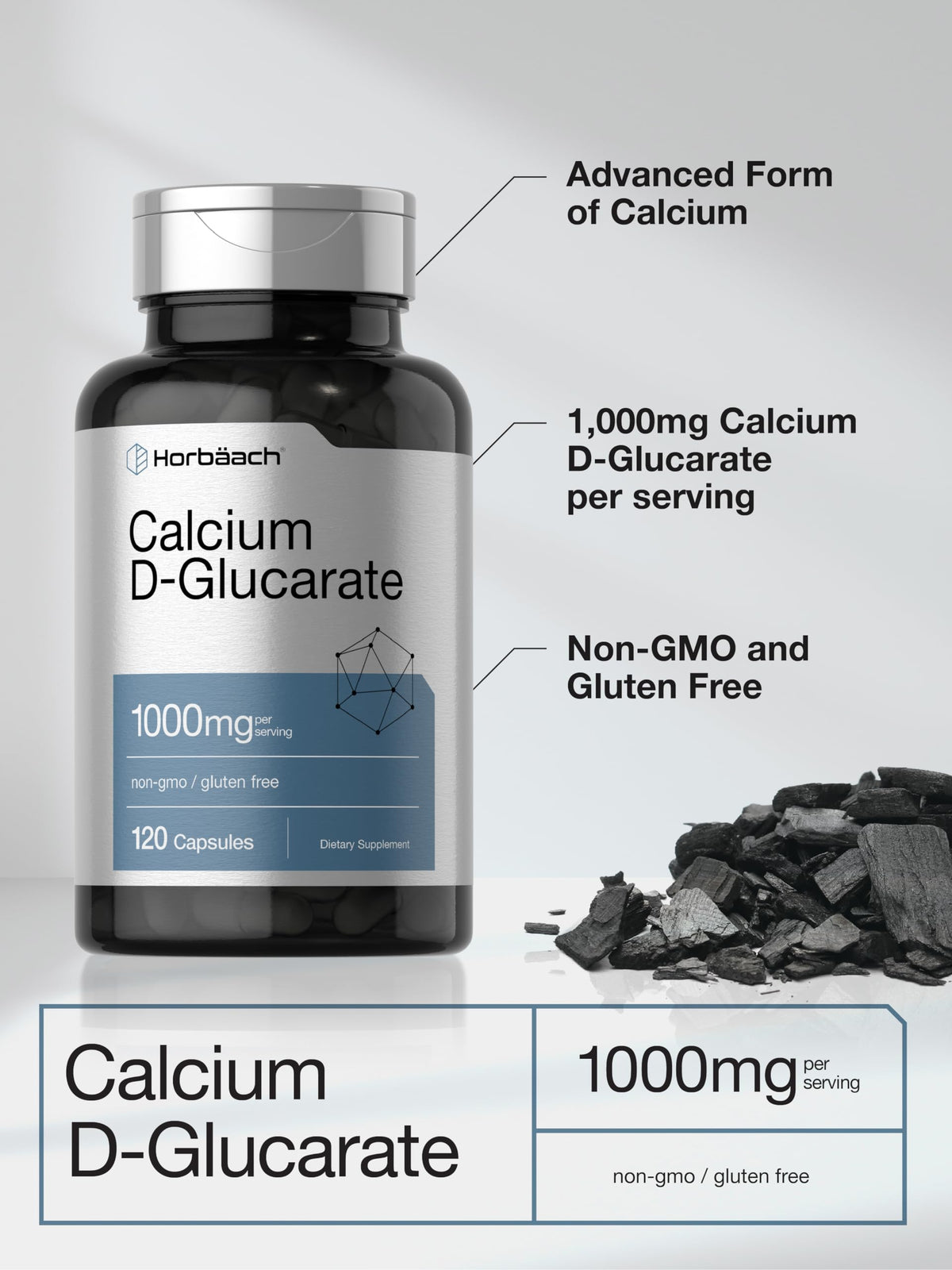 Horbäach Calcium D-Glucarate 1000mg capsules en gros plan