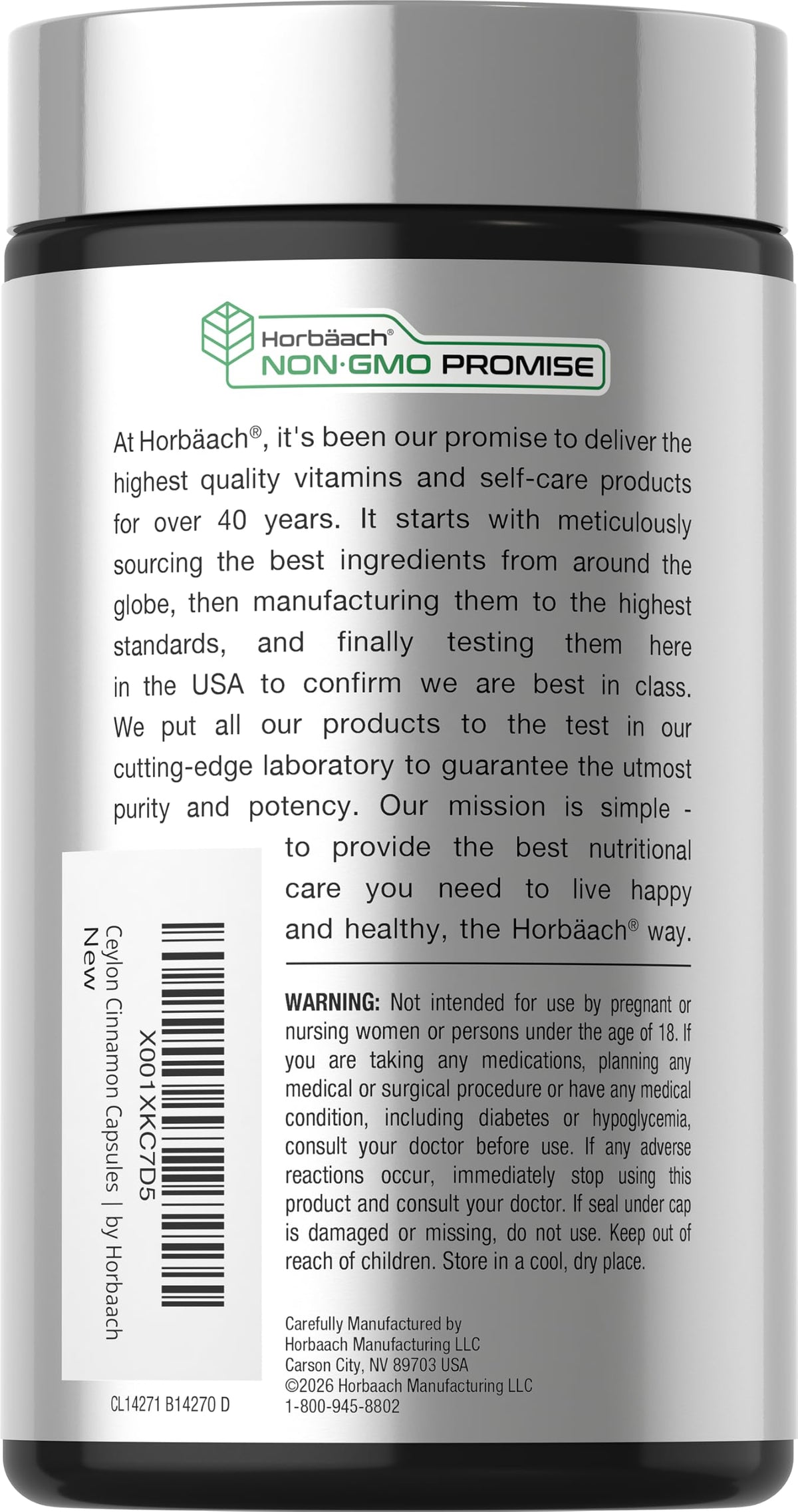 Horbäach Cannelle de Ceylan 150 capsules avec étiquette détaillée