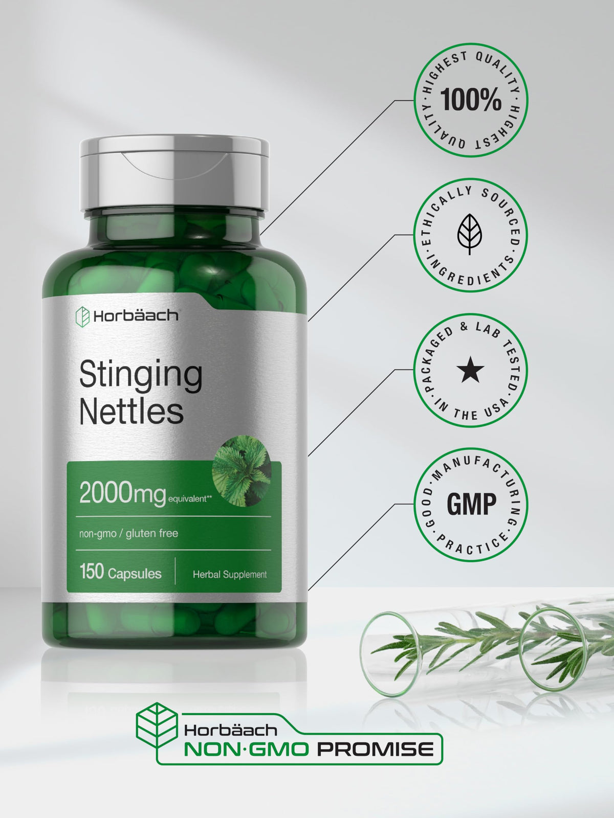 Horbäach Capsules Ortie 150 unités avec des herbes autour
