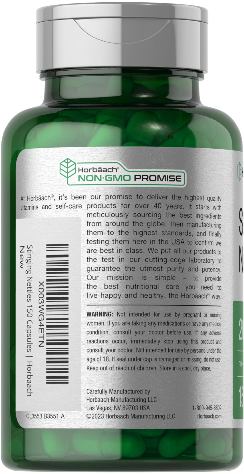 Horbäach Capsules Ortie 150 unités sur un fond naturel