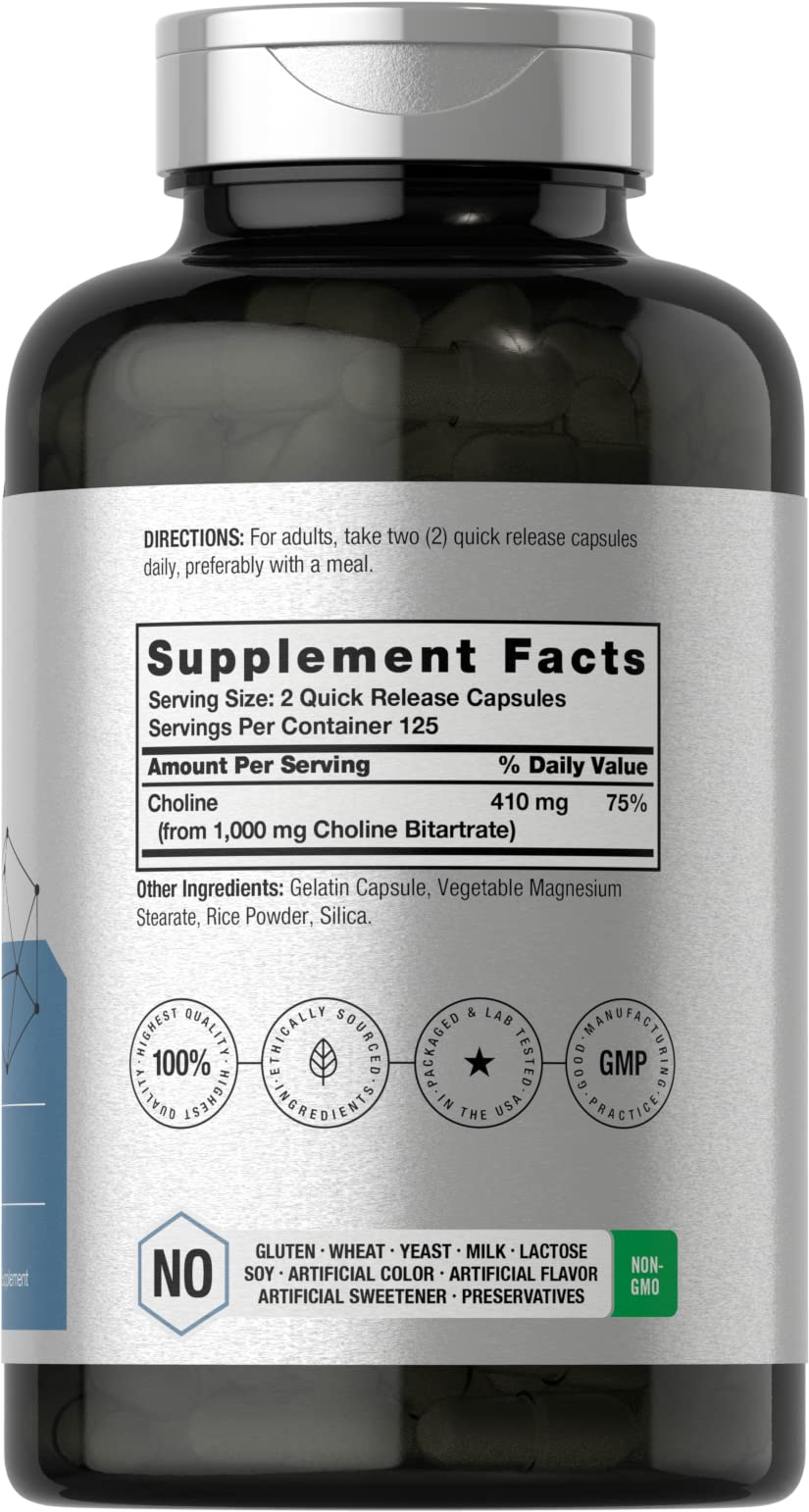 Horbäach Choline Bitartrate 1000mg capsules sur fond blanc