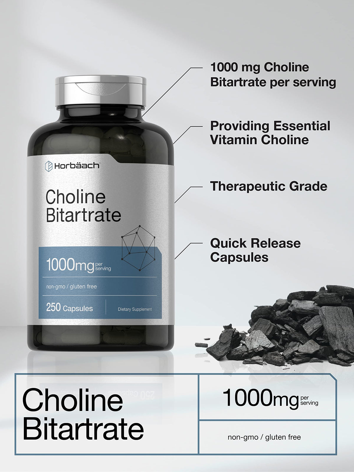 Horbäach Choline Bitartrate 250 capsules avec étiquette visible