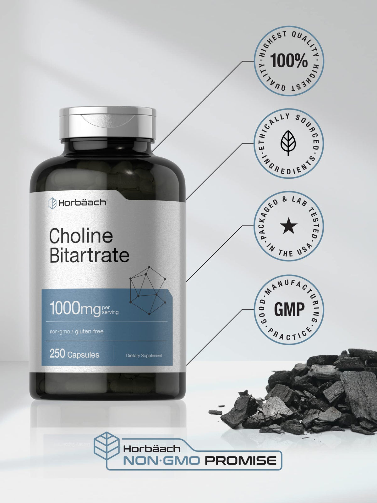 Horbäach Choline Bitartrate capsules sur une table